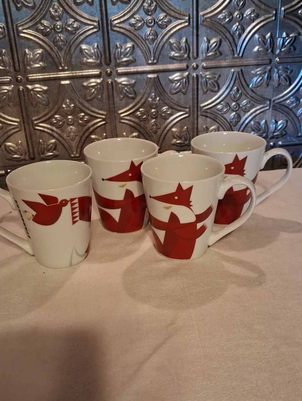 Starbucks White Ceramic Mugs with Red Fox Motif - Set of 4- 2012
